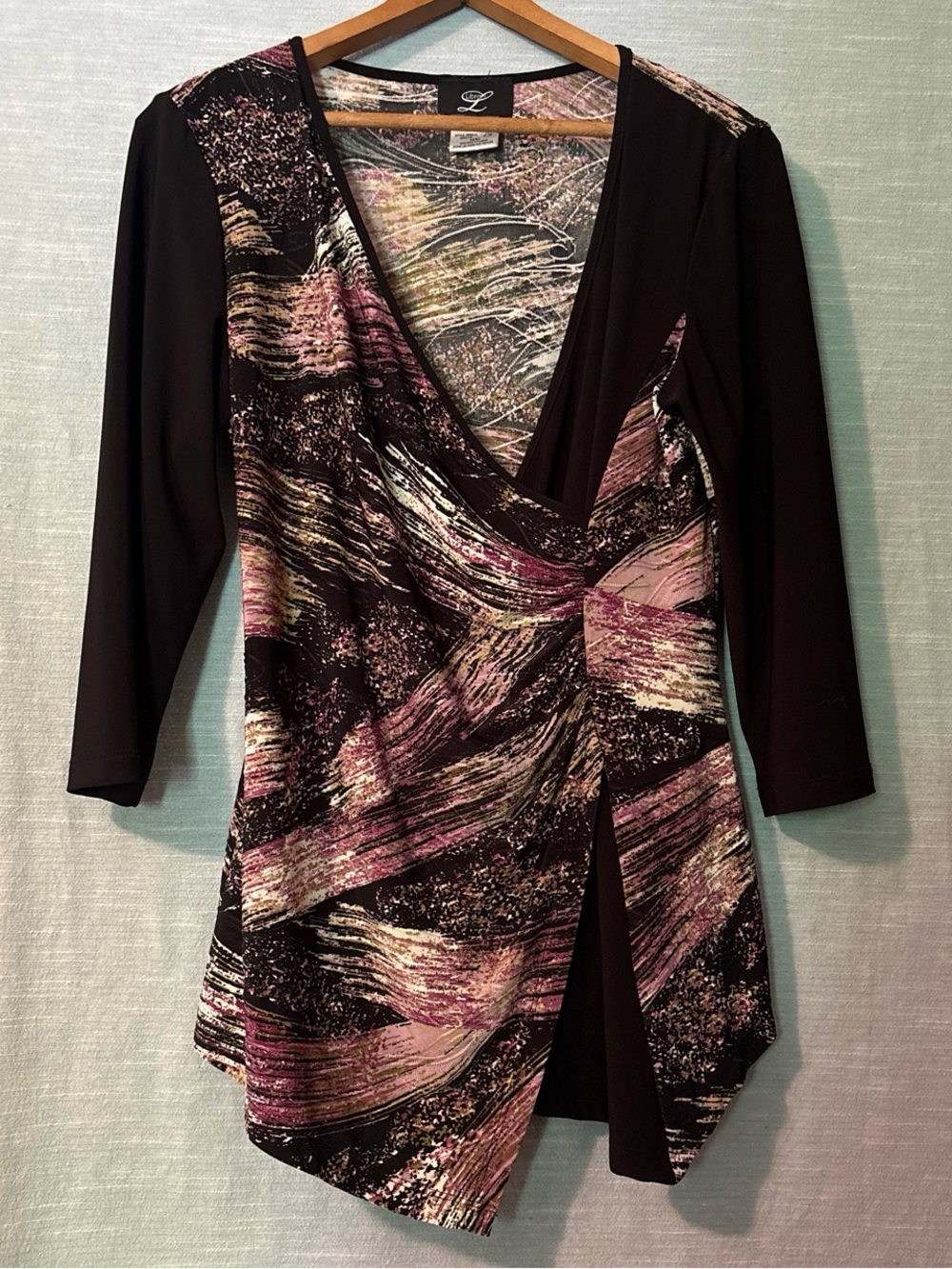 Libra Vintage Blouse Pullover V-Neck 3/4 Sleeve  Black/Multi Women’s Sz M